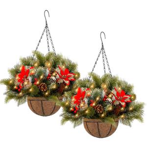 Riceshoot 2 Pcs Lighted Valentine's Hanging Baskets for Front Porch Artificial Valentines Hanging Basket Decorated with Pine Cones Berry and Lights for Outdoor Garden Patio Holiday Decoration