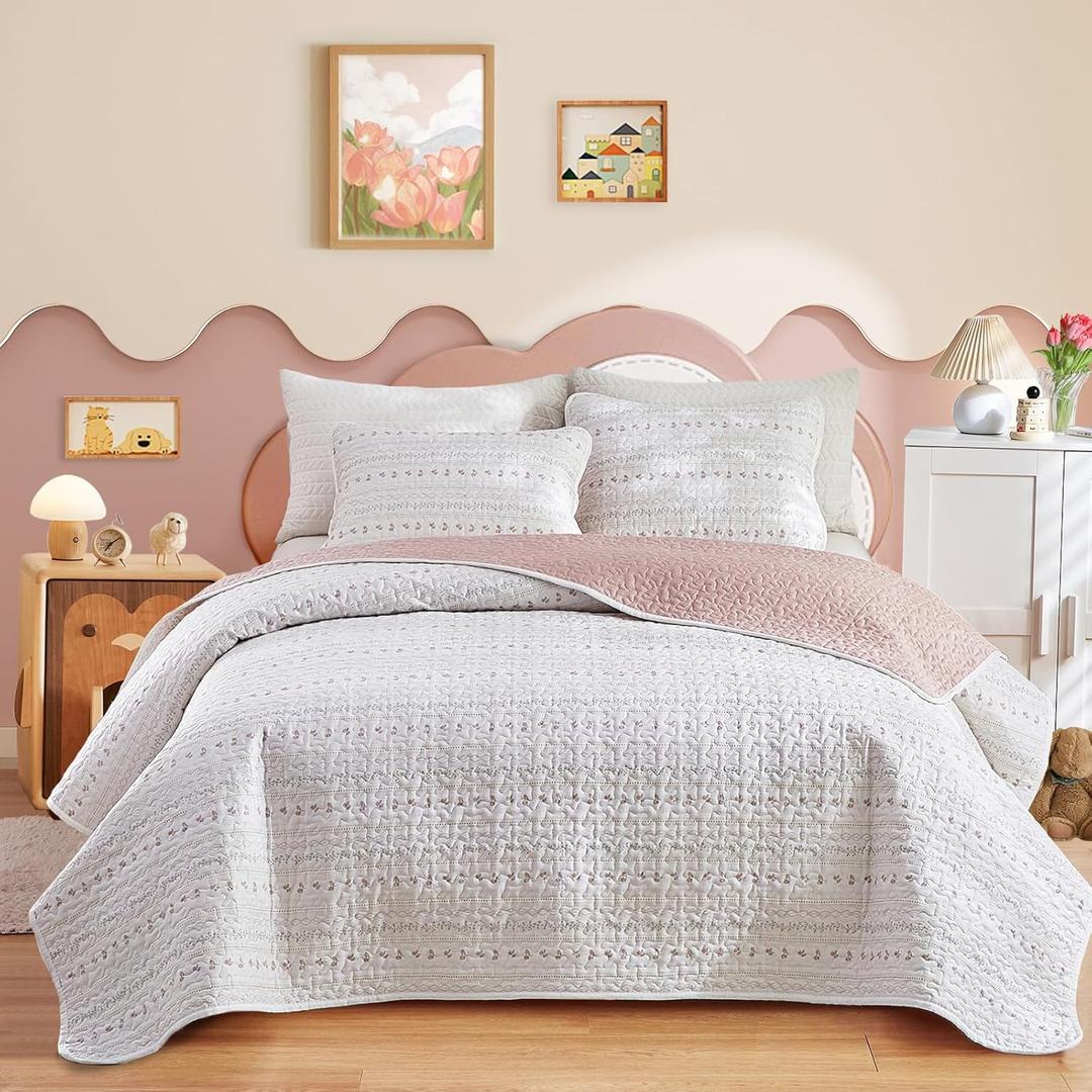 Joyreap 3 Pieces Cotton Quilt Set for Girls, Queen Size Pink Flower Stripes Boho Design for Girls, Cozy Lightweight Quilt Bedspread Bed Cover for All Season- 90x90 inches