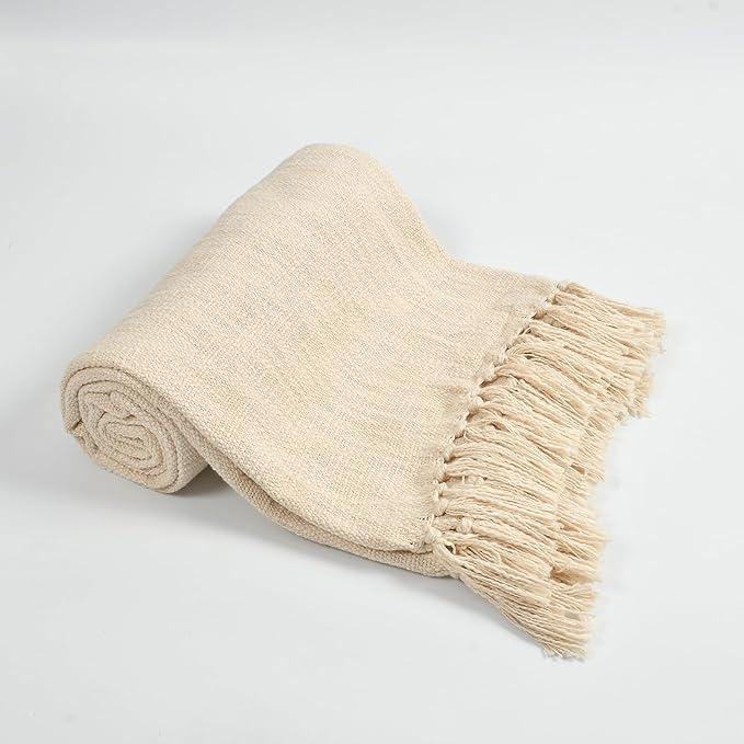 Lavish Threads Cotton Throw Blanket, Cream White Woven Design with Diamond Pattern and Fringe Tassels, Cozy Decorative Throw for Couch, Sofa & Bed, 50x60 Inch (Plain Woven) Beige