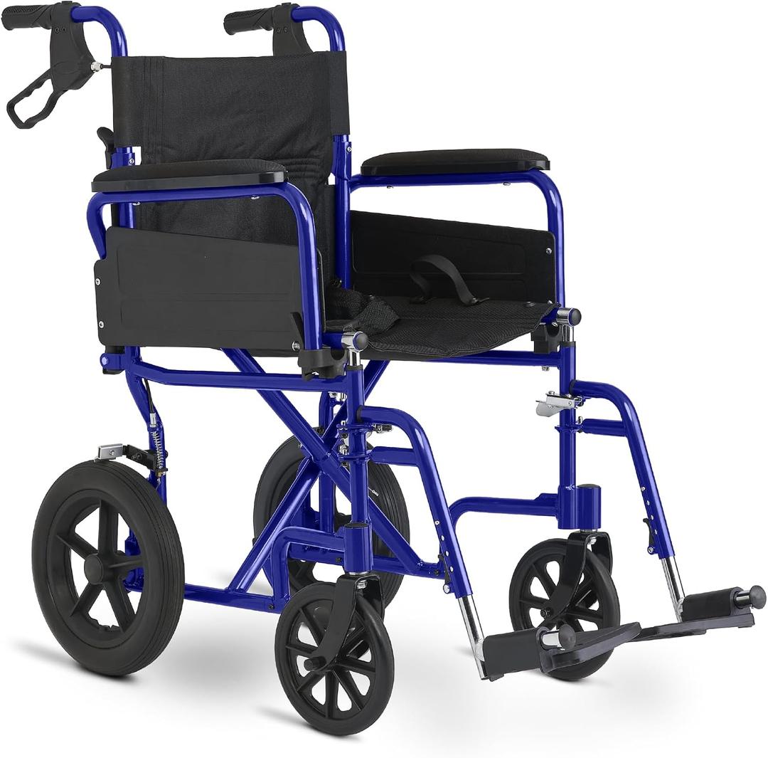 Medline Basic Aluminum Transport Chair, Lightweight Folding Transport Wheelchair with Swing-Back Arms, 12" Wheels, Blue
