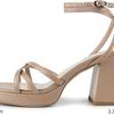 ISNOM Narrow Feet Nude Platform Heels for Women Comfy Strappy Heels Short Block Chunky Sandals Ankle Strap Simple Summer Heeled Sandals Square Open Toe for Wedding Work Party Dress Prom Size 10 (Beige, M)