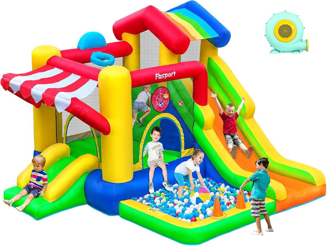 FBSPORT Inflatable Bounce House with Slide for Kids, Indoor and Outdoor Blow up Bouncy House Bouncer Castle with Ball Pit, Jumping Area, Climbing Wall, Ball Shooting, Ring Toss, Basketball Hoop, 81 inches x 120 inches x 126 inches