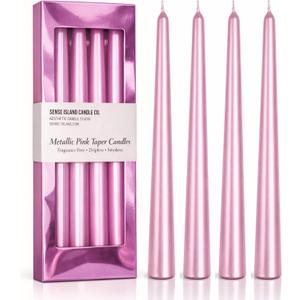 3 x Light Pink Taper Candles 10'' with Pearl Shimmer Candle Sticks Set of 4 | Unscented Candlesticks for Home Decorations, Tapered Candles for Wedding Receptions Smokeless Dripless