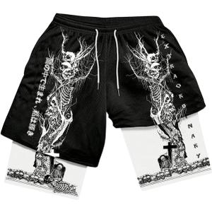 Men's Letter Graphic Workout Shorts Drawstring Waist Straight Leg 2 in 1 Basketball Shorts (Black, L)