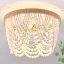 Capslpad Wood Beaded Flush Mount Ceiling Light Antique Rustic Mini Chandelier 3-Light White Boho Light Fixture for Dining Room, Nursery Room, Bedroom, Girl Room, Hallway, Entryway, Passway