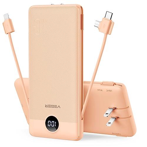 VEGER Portable Charger for iPhone Built in Cables Fast Charging USB C Slim 10000 Power Bank, Wall Plug USB Battery Pack for iPhones, iPad, Samsung More Phones Tablets (Pink)