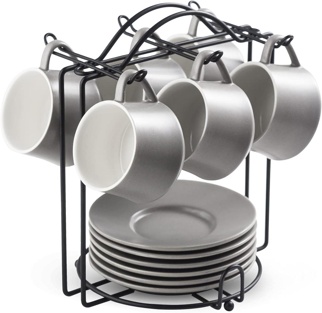 YHOSSEUN Espresso Cups with Saucers Set 4 OZ Porcelain Espresso Coffee Cup and Metal Stand for Cappuccino, Latte, Cafe Mocha and Tea, Set of 6, Gray