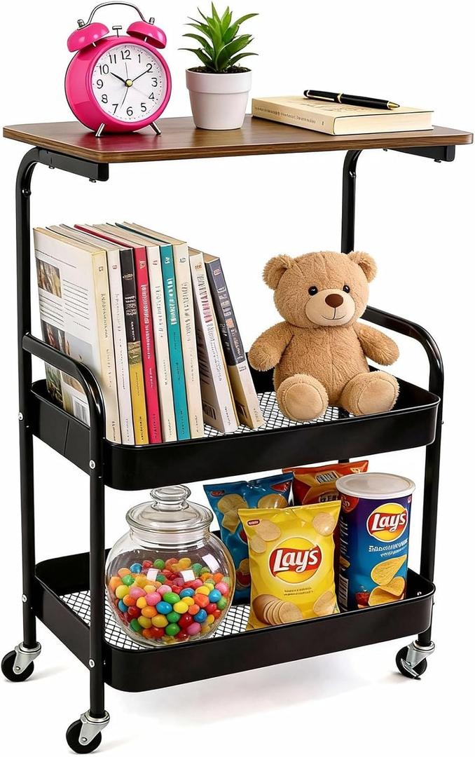 3 Tier Rolling Cart, Utility Rolling Carts with Wheels, Heavy Duty Metal Storage Organizer Rolling Cart for Art, Book, Snack, Kitchen, Office, Bathroom, Laundry, Dorm, Home (Black)
