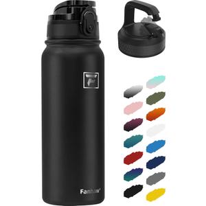 Fanhaw 20 Oz Insulated Stainless Steel Vacuum Water Bottle with 2 Lids (Pop-Open & Carabiner Lid) - For Kids, Women, Men | Leak & Sweat Proof (Black)