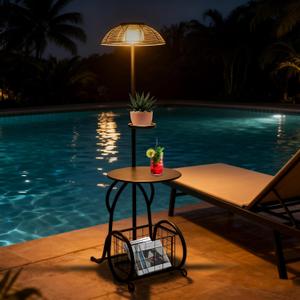 Solar Outdoor Side Table with Light, 52.5'' Waterproof Metal Patio End Table, Solar Powered Accent Table with Auto Light ON/OFF & USB Charging, Pefect for Porch Backyard Poolside Balcony, Black