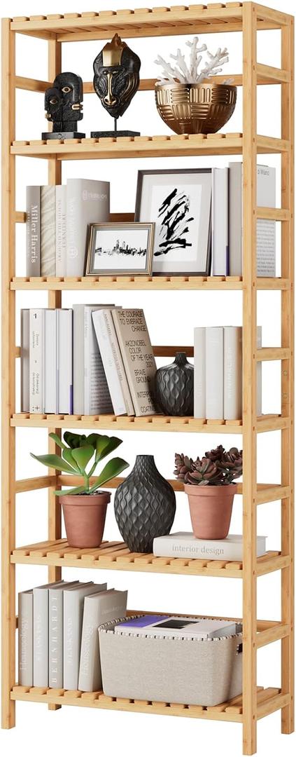 Bamboo Shelf, 6 Tier Bookcase Storage Shelves, Tall Book Rack Shelving Unit, Multipurpose Storage Display Shelf Adjustable Storage Rack for Bathroom Home Office Living Room Kitchen, Natural, 23.6L x 10.2W x 63.4H Inches
