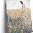 Jesus Canvas Wall Art Jesus Left The 99 Christian Inspirational Painting Picture Wall Decor Jesus with Wildflowers Religious Faith Print Artwork for Living Room Bedroom Church Home Decor, Framed