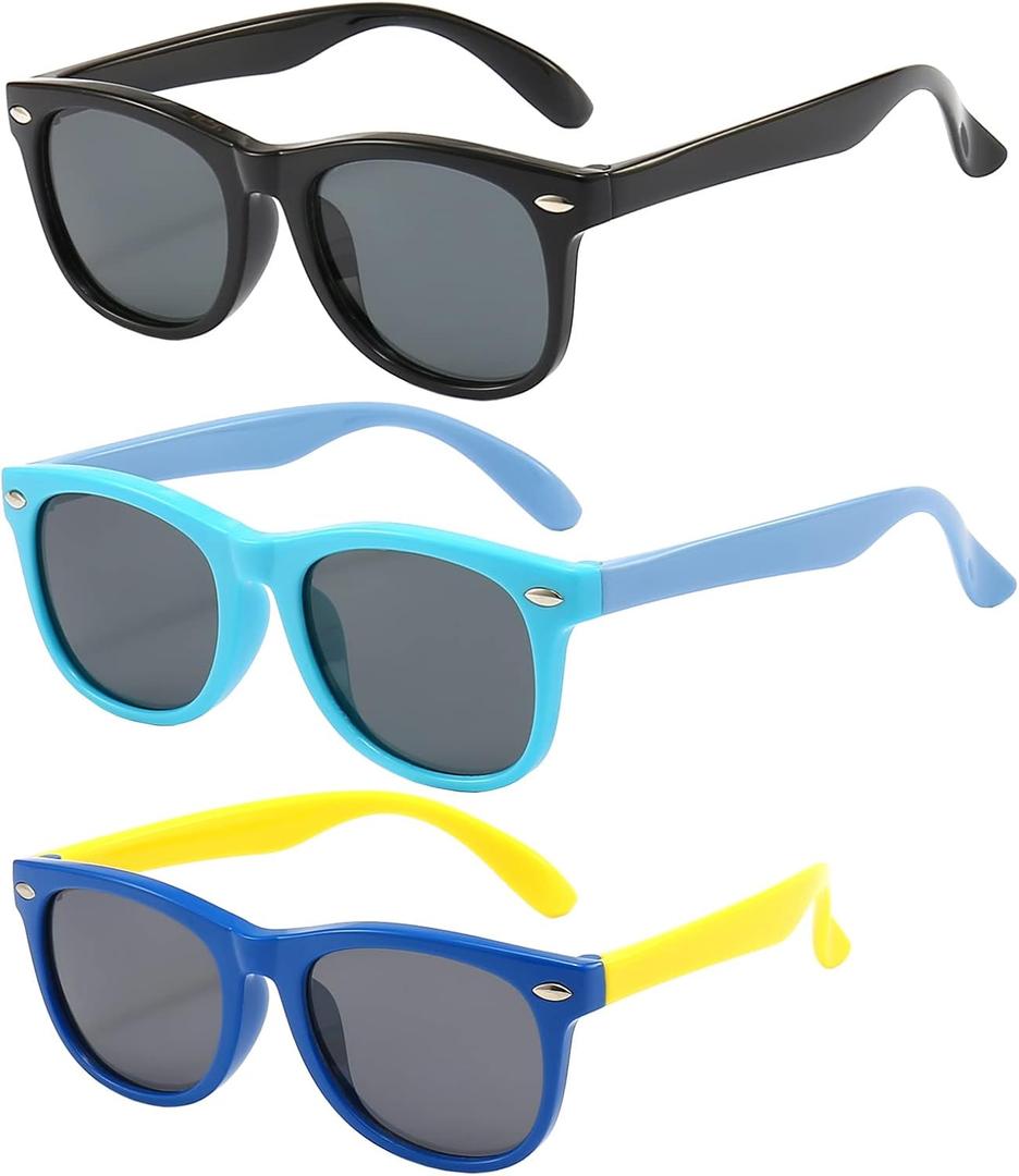 3 Pack kids sunglasses for Boys Girls Kids Polarized Sunglasses (Black+blue+light Blue)