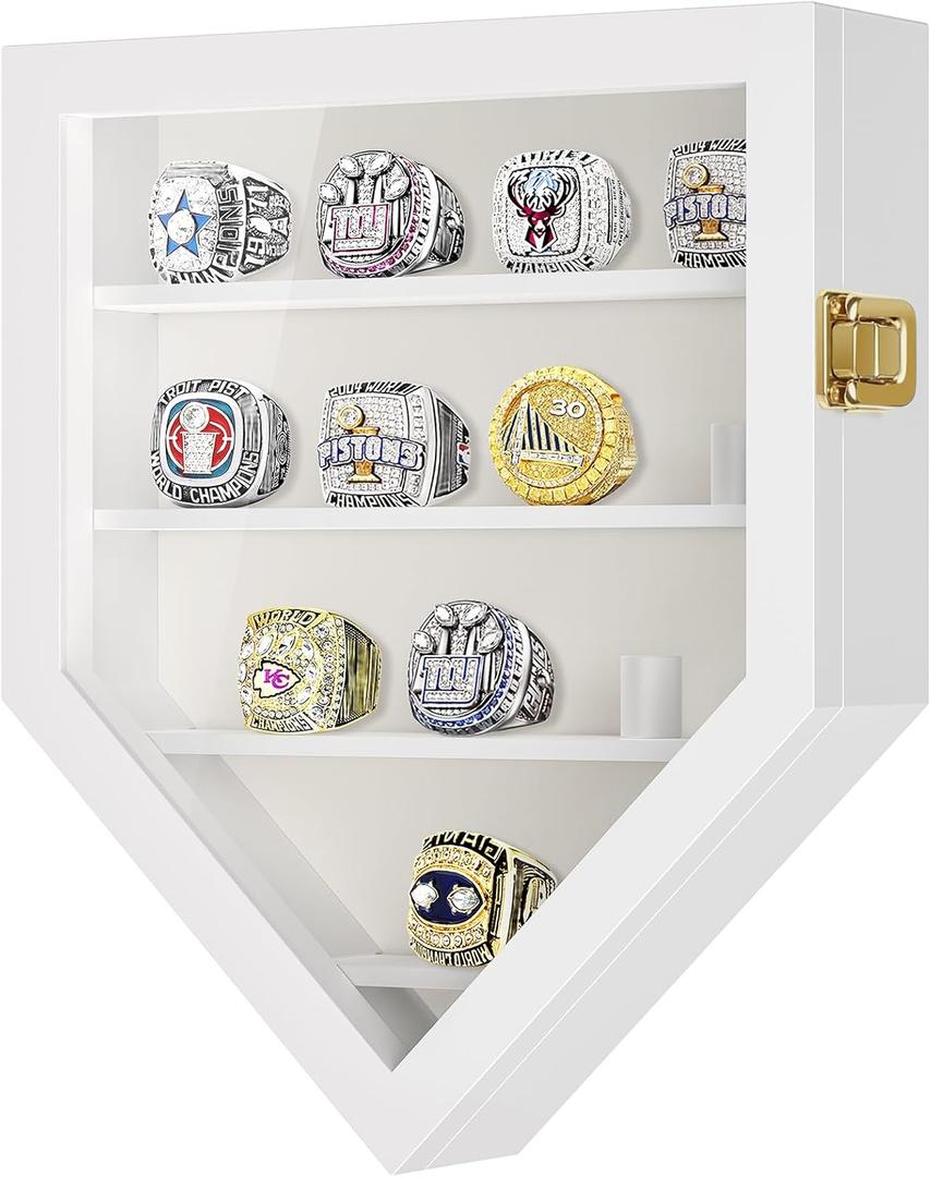 TJ.MOREE Championship Ring Display Case, 12 Ring Posts Baseball Ring Display Case, Wall Mount Wooden Glass Shadow Box with Locks to Show Sport, Class, Fraternity, and Award Rings - White