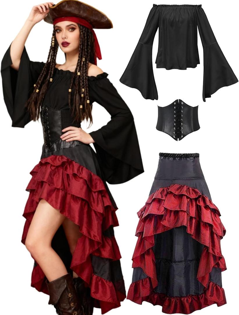 Verceco Pirate Costume Women with Renaissance Pirate Shirt Skirt Corset Waist Belt (Black+Red, XL)