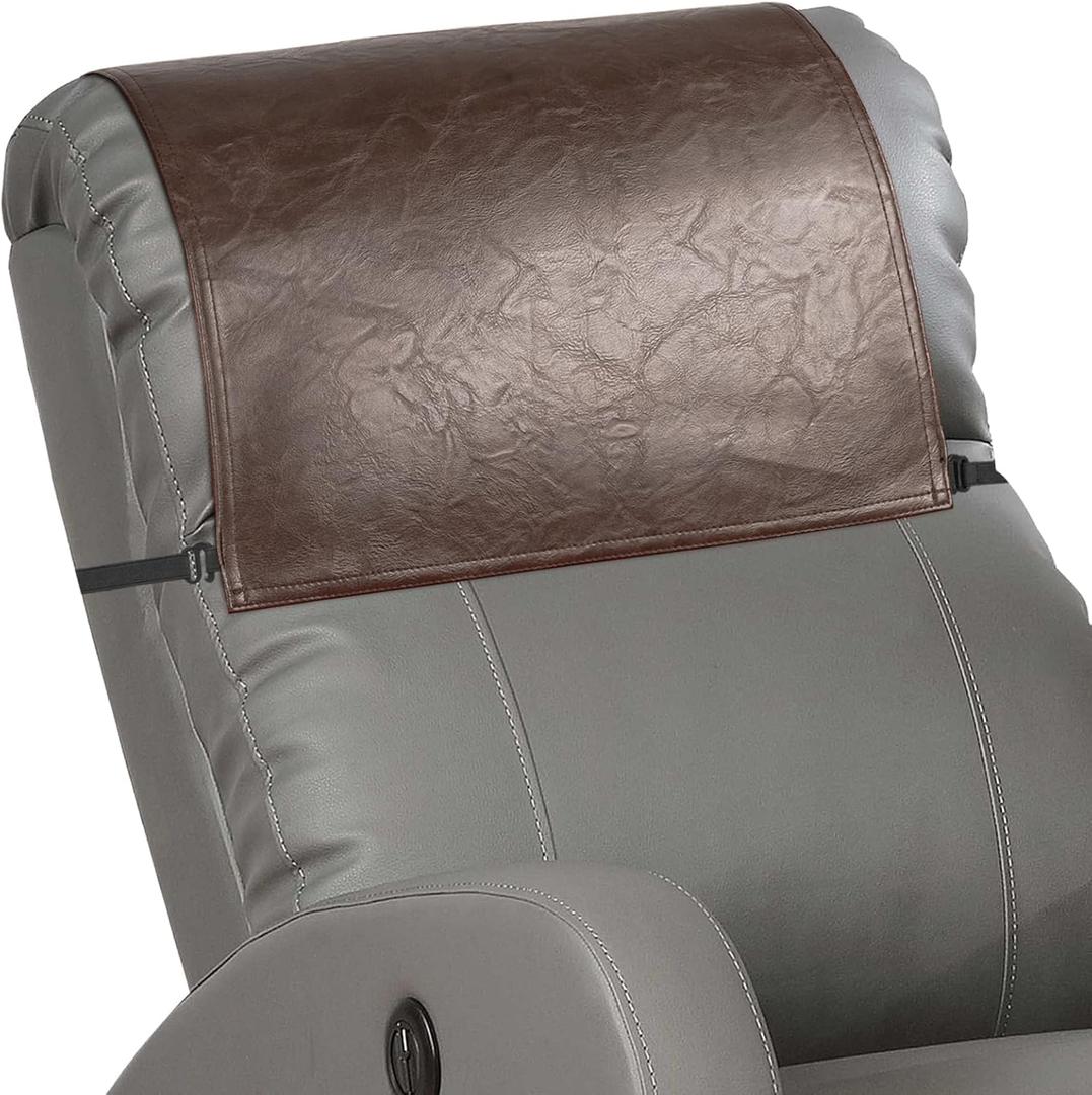 Recliner Headrest Protector,Non Slip Waterproof Headrest Cover,Leather Recliner Headrest Cover for Sofa,Furniture,Living Room,Office Chair 17x27 in(Brown) (Elastic)