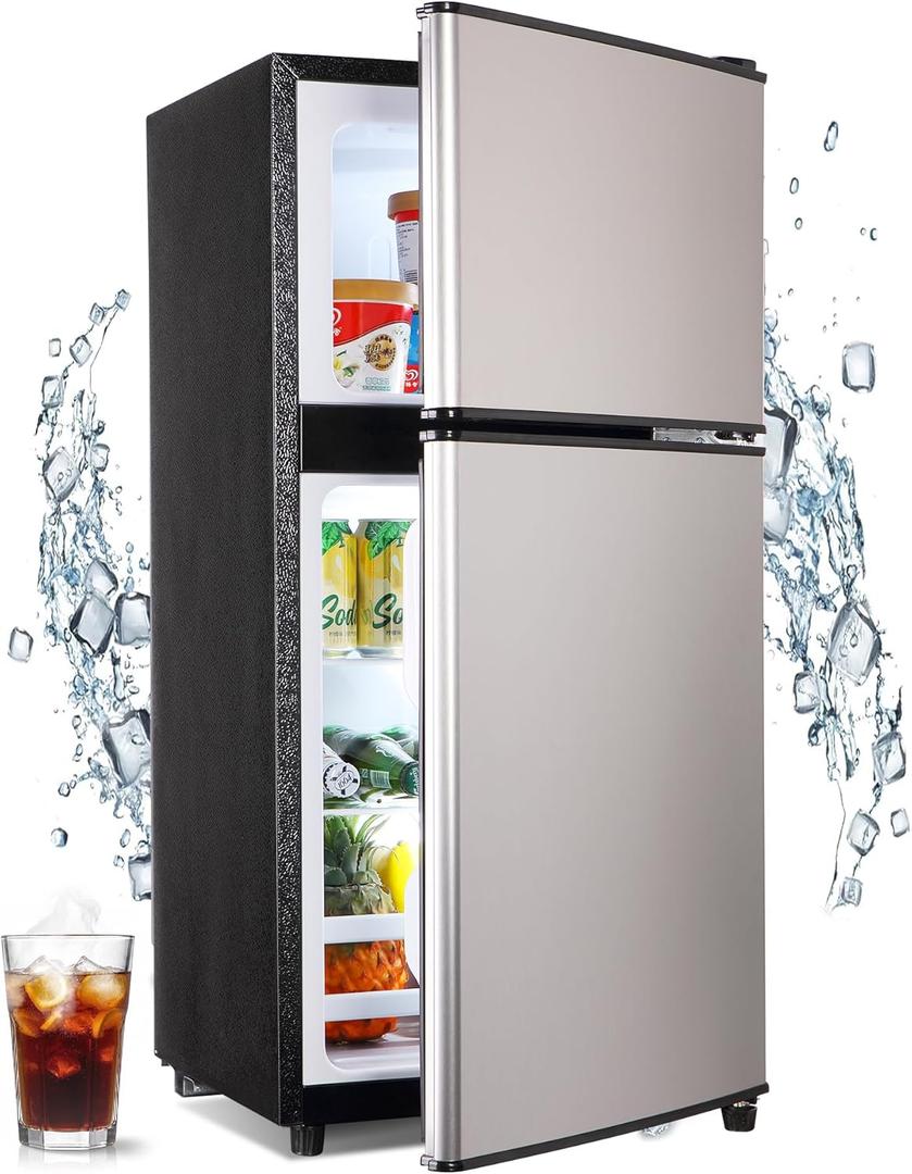 Mini Fridge with Freezer 3.2 Cu. Ft. Small Refrigerator with Freezer, 2 Door Dorm Fridge with Adjustable Thermostat & Shelves, Small Fridge for Apartment, College Dorm, Office, RV, Home, Silver