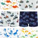 Boys Soft Cotton Boxer Briefs, Tagless Underwear for Toddlers & Kids, Breathable, Assorted Prints, 6-Pack (4T, Dinosaur-leaf-footprints-star-red Tractor)