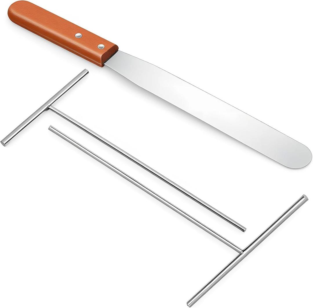 Crepe Spreader and Spatula Kit 5" and 7" T-Shaped Batter Spreaders 12" Wood Handle Offset Spatula Stainless Steel Crepe Spreader Tool Pancake Tools for Crepes Pan Maker