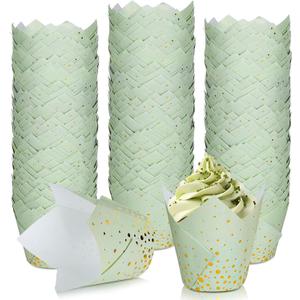 Whaline 200Pcs Sage Green Gold Dots Tulip Cupcake Liners Greaseproof Muffin Baking Liners Foil Gold Dots Cupcake Wrappers Baking Cup for Bridal Baby Shower Wedding Birthday Party Decor