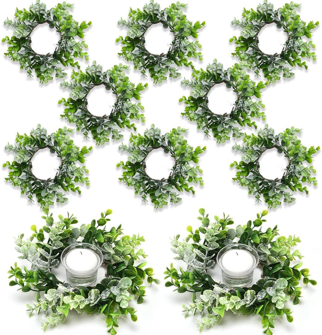 Jexine 8 Pcs Mini Artificial Eucalyptus Wedding Candle Rings 3.15'' Fake Lavender Floral Wreath Greenery Leaves Boho Garland for Wedding Fall Front Door Christmas Table Decor(Eucalyptus)