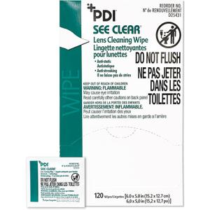 PDI See Clear Lens Cleaning Wipes, Non-Streaking & Anti-Static for Glasses, Eyeglasses, Loupes & Safety Eyewear, 1 Box of 120 Individually Wrapped Packets, Large 6" x 5"