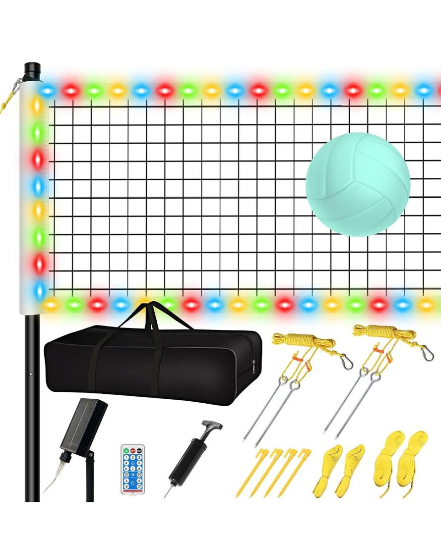 LED Volleyball Net Outdoor, Professional Light Up Volleyball Net with Solar Rope Light, Portable Heavy Duty 32x3ft Volleyball Training Net Set Glow in The Dark with Carry Bag for Backyard,Beach