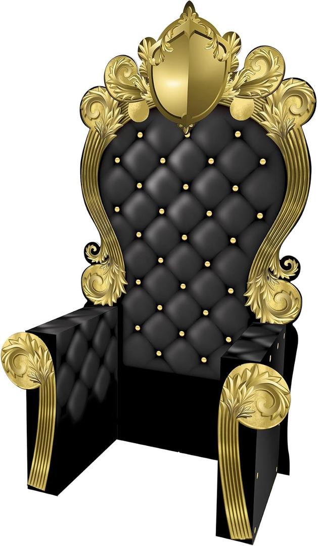 Beistle 3-D Prom Throne Prop Black and Gold Cardboard Chair Backdrop, Elegant Photo Booth Party Decoration for Proms, Galas, Birthdays Parties, Ceremonies and Special Events, 7' 1" x 3' 9"