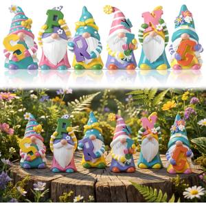 6 Pcs Spring Figurines Resin Gnome Tabletop Purple Pink Yellow Floral Sculpture Decoration Flower Table Centerpiece for Dining Room Home Party Supplies Gifts Decor