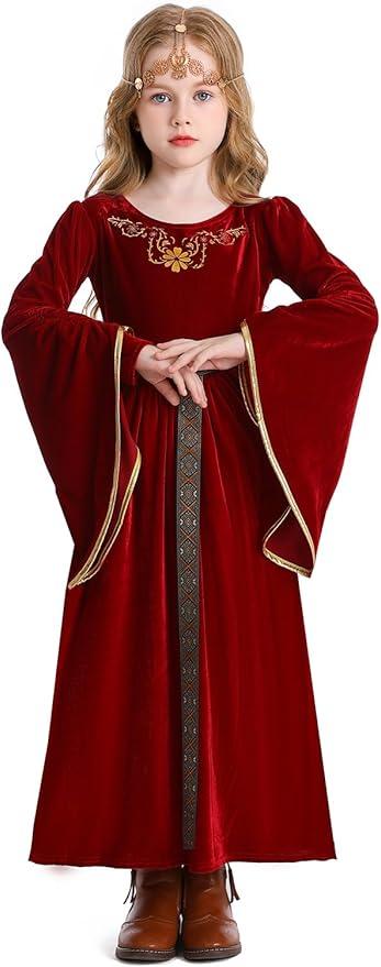 Girls Medieval Renaissance Royal Court Dress Queen Kids Princess Costume Halloween Cosplay (120, Red)