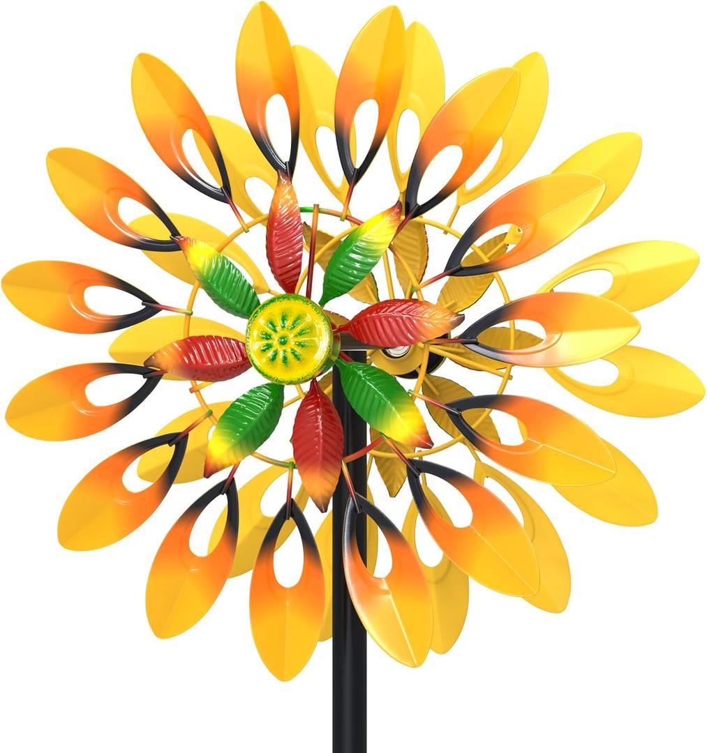 Metal Sunflower Wind Spinner Outdoor, 13" W x 64" H Large Double Windmill Pinwheels with 5 Prong Stake, Kinetic Wind Sculpture for Backyard Garden Patio Lawn Art Decor Yellow