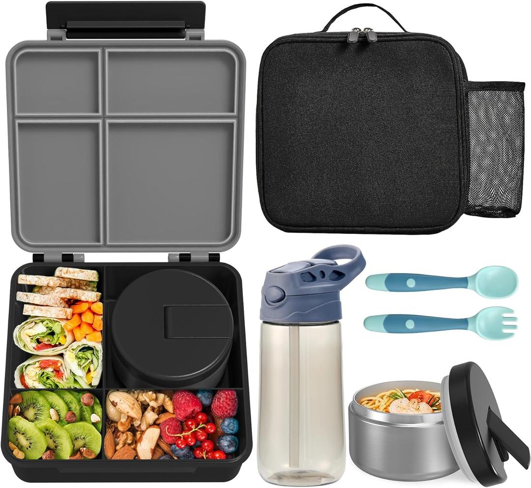 Kids Bento Lunch Box with 8oz Soup Thermo, Water Bottle, Kids Leakproof Lunch Food Containers with 4 Compartment, Insulated Hot Food Jar with Lunch Bag for School, Travel (Black)
