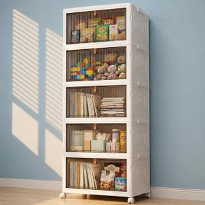 LDQ 170 Qt Large Storage Bins with Lids, 5 Tier Stackable Storage Cabinet with Wheels & Clear Doors, Foldable Plastic Closet Organizer for Bedroom, Bathroom & Kitchen, 5-layers