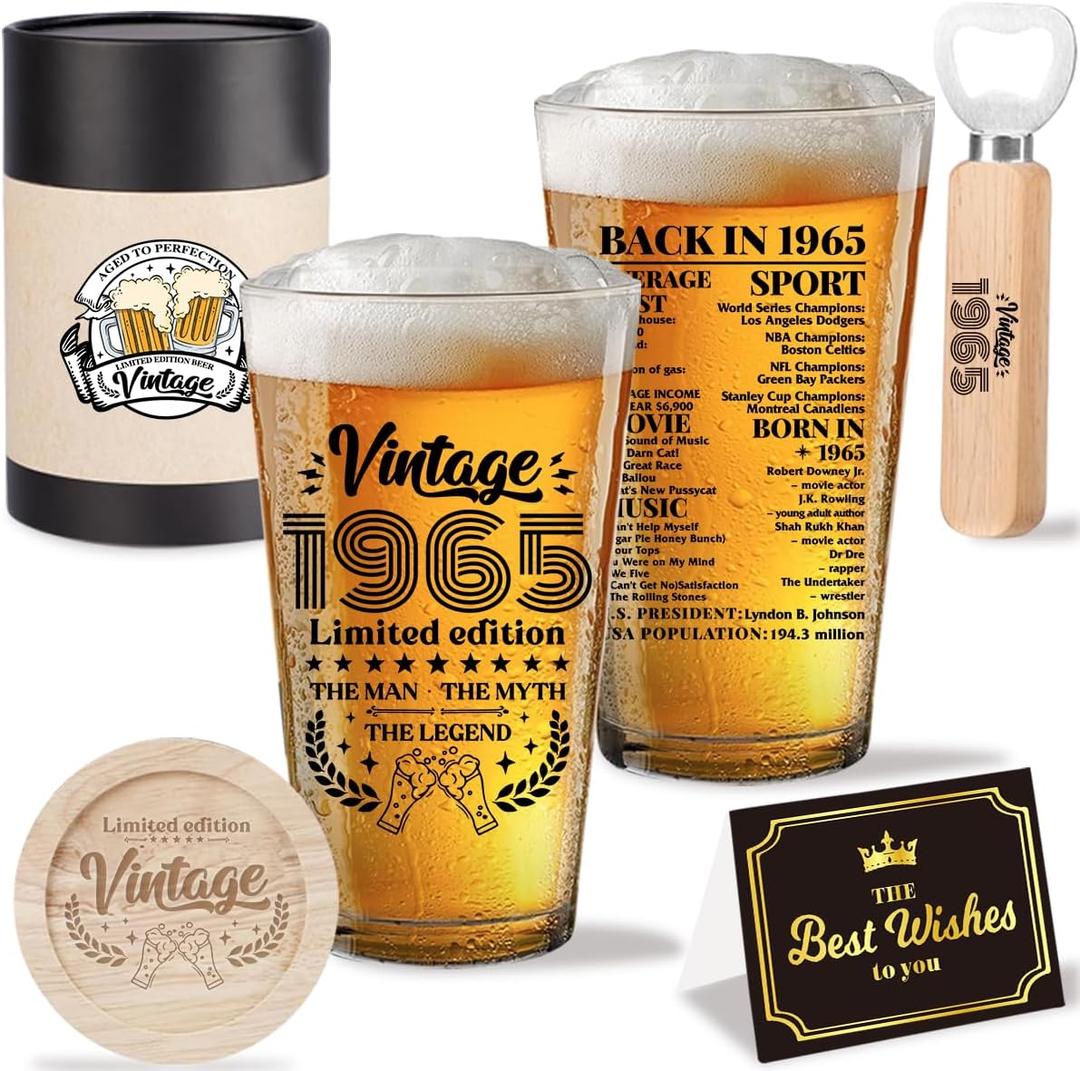 Funny 60th Birthday Gifts for Men 60 Year Old Birthday Gifts for Vintage 1965 Beer Drinking Glass Happy Anniversary 60th Birthday Party Supplies Decorations Gifts