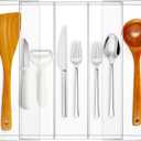 Expandable Kitchen Drawer Organizer Clear Acrylic Utensil Organizer Adjustable Acrylic Silverware Storage for Kitchen Drawers Silverware Flatware Knives(3-5 Compartments, 12 x 16 Inches)