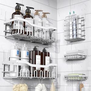 5-Pack Rustproof Stainless Steel Shower Caddy  No Drill Adhesive Bathroom Organizer with Large Capacity, Spacious Shower Shelves for Inside Shower, Kitchen & Home Decor Storage (5-piece set, White)