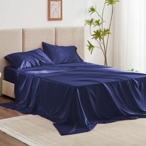 Love's cabin Satin Queen Sheets Set - 4 Piece Navy Blue Silky Bed Sheets with Deep Pocket, Luxury Silk Feel Satin Queen Size Sheet Set (1 Flat Sheet,1 Fitted Sheet,2 Pillow Cases) Love's cabin Satin Queen Sheets Set - 4 Piece Navy Blue Silky Bed Sheets with Deep Pocket, Luxury Silk Feel Satin Queen Size Sheet Set (1 Flat Sheet,1 Fitted Sheet,2 Pillow Cases)