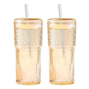 2PCS Glass Cups with Lids and Glass Straws, 20OZ Iced Coffee Cups, Home Essential and Coffee Bar Accessories Borosilicate Glass Tumblers with Lid and Straw for Beer, Cocktail, Tea and Latte, Amber