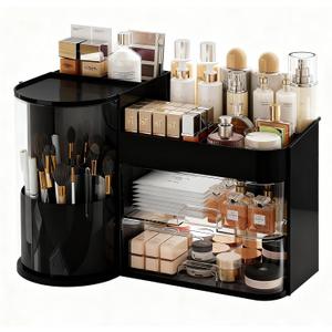 Makeup Organizer with Rotating,Large Bathroom Countertop Cosmetic Organizer with Brushes Holder,Skincare Storage Organizer,Ideal makeup holder for Skincare,Lipstick,etc (Light Luxury Black)