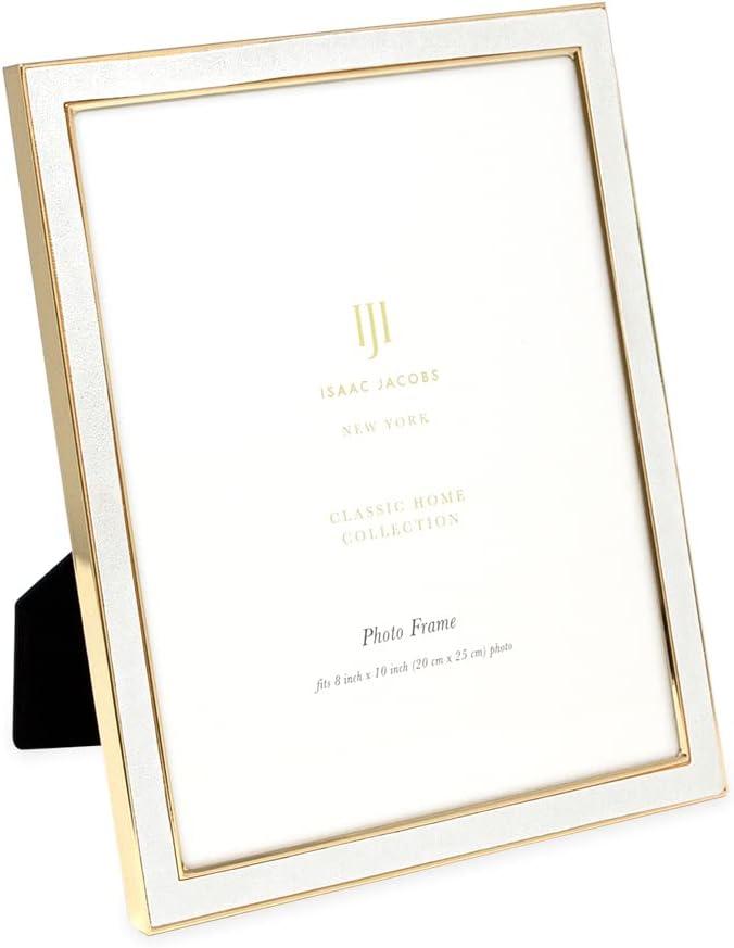 Isaac Jacobs 8x10 White Leather with Gold Metal (Vertical & Horizontal) Picture Frame, Suede Border w/Black Fabric Easel, Wall-Mountable, Made For Tabletop, Photo Gallery (8x10, White W/Gold)