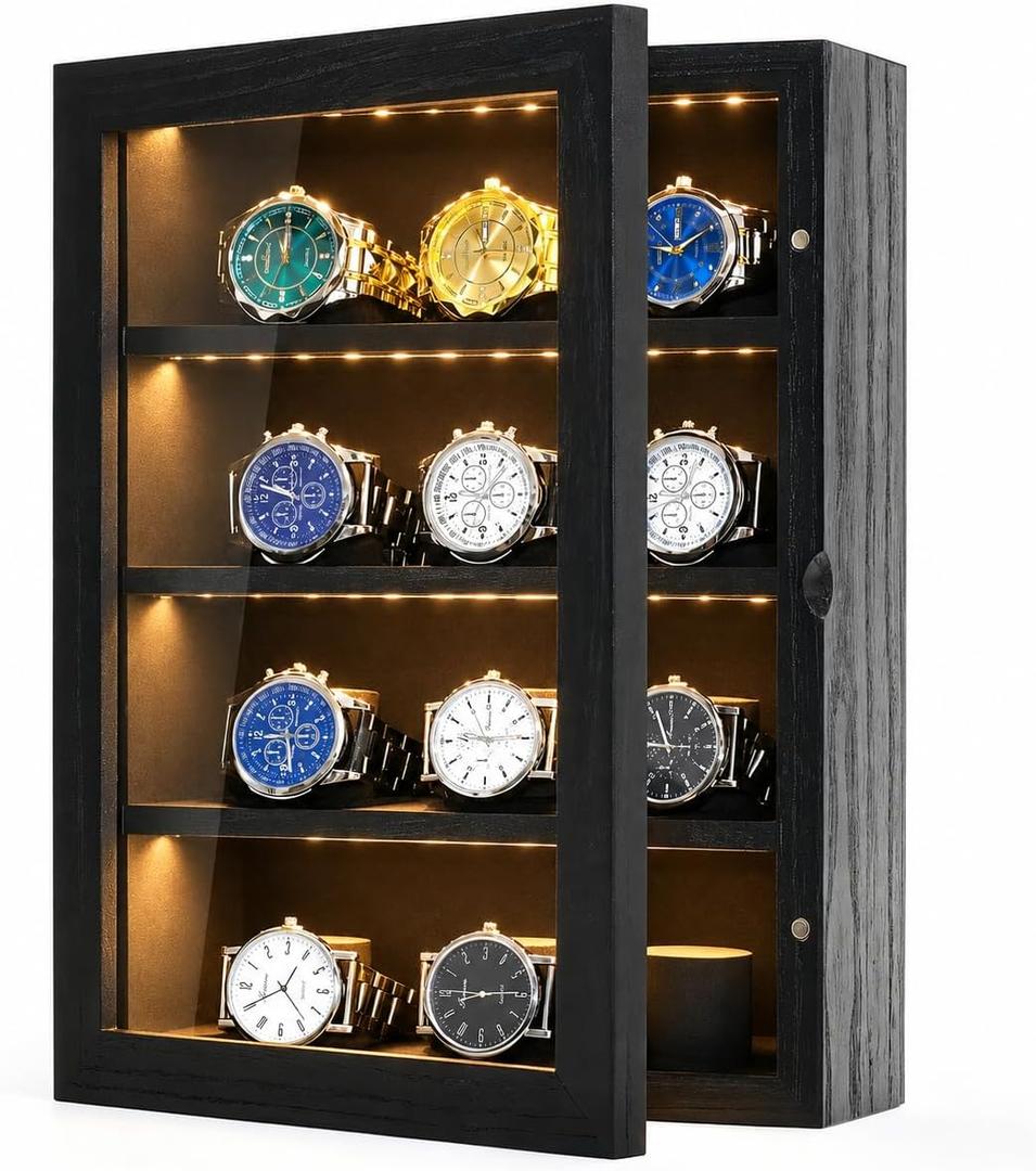 Watch Cases for Men 12-Slot Watch Display Case with LED Wooden Wall Mount Watch Display 4 Layers Watch Storage Box with Acrylic Magnetic Door & Velvet Lining Gift for Men