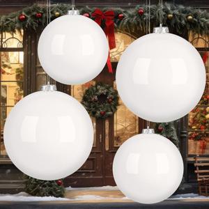 Soulchen 4 Pcs 8" 6" Extra Large White Christmas Balls Ornaments Oversized Plastic Hanging Xmas Tree Decorations Jumbo DIY Xmas Ball for Indoor Outdoor Lawn Yard Holiday Party