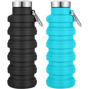 Collapsible Water Bottles 17oz, Portable Leak-Proof Travel Water Bottle, Reusable BPA Free Silicone Foldable Water Bottle with Carabiner for Gym, Traveling, Camping, Hiking, Sports(Black+Blue)