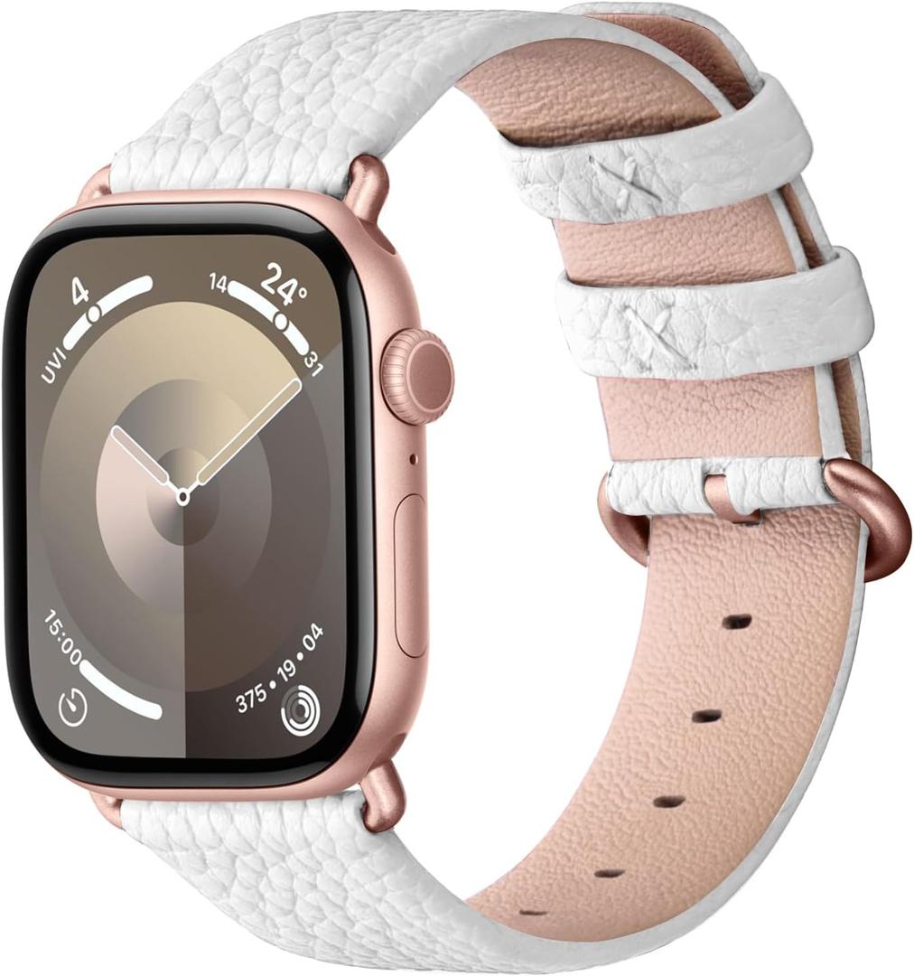 Fullmosa Leather Band Compatible with Apple Watch Band 42mm 44mm 45mm 46mm 49mm, Genuine Leather Replacement Strap for iWatch Ultra3/2/1 SE3/2/1 Series 11 10 9 8 7 6 SE 5 4 3 (White/Rose Gold Buckle)