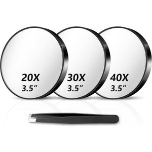Magnifying Mirror 20X&30X&40X 3Packs with Tweezer and Suction Cups Set, 3.5 Inches Compact Travel Magnified Mirror-Black