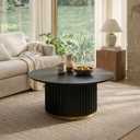 Christopher Knight Home Modern Round Coffee Table 33.46" Fluted Pedestal Base Sculptural Accent Table with Ash Veneer Top and Gold Metal Detail for Living Room Lounge and Minimalist Interiors, White