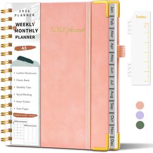 2026 Planner, Weekly and Monthly Calendar Planner from January 2026 - December 2026, 5.75" x 8.38" Hardcover Leather Hourly Appointment Book with Tabs, A5 Spiral Daily Planners for College School Work Home, Pink