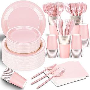 TWOWYHI 228PCS Pink Party Supplies Set Include Paper Plates Cups Pink Napkins Plastic Spoons Forks Knives for 30 Guests Disposable Party Dinnerware For Birthday Wedding Family Picnic