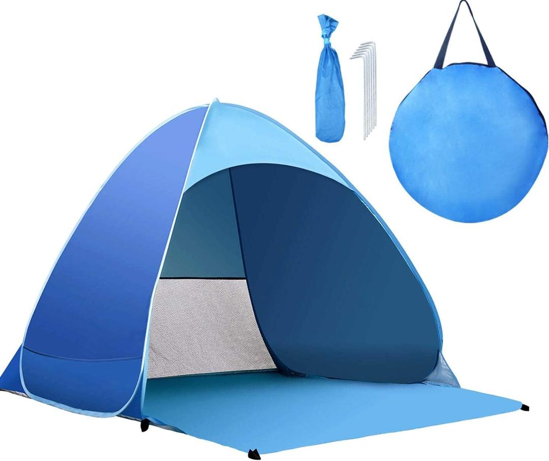 Pop Up Beach Tent for 3-4 Person UPF 50+ UV Sun Protection Beach Shade Pop Up Sun Shelter with Carry Bag and Tent Stakes for Beach, Park, Camping (X-Large)