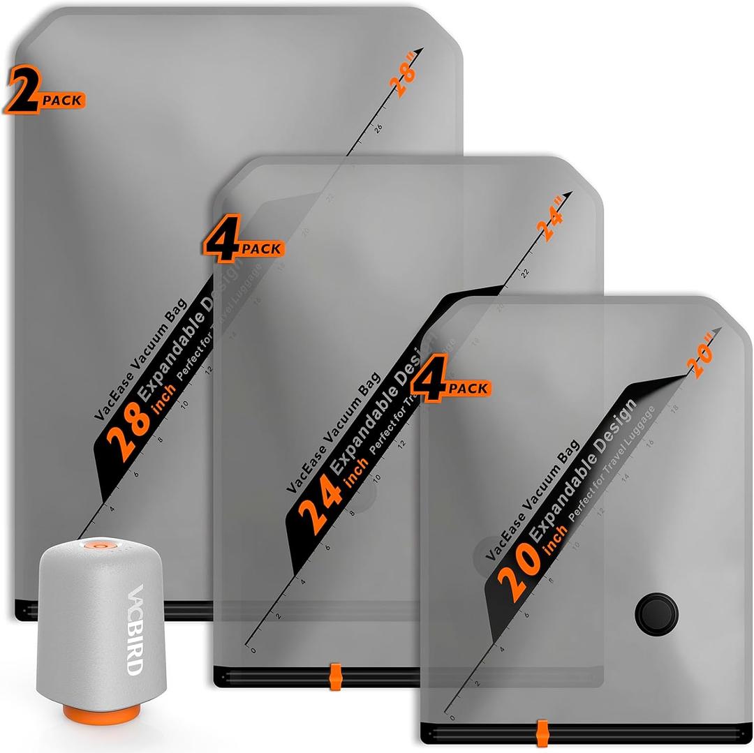 Vacbird Rechargeable Wireless Pump Travel Storage Bags Set - 10 Pack Portable Space Bags for Travel & Home - Vacuum Compression Packing Seal for Clothes, Blankets, Seasonal Storage